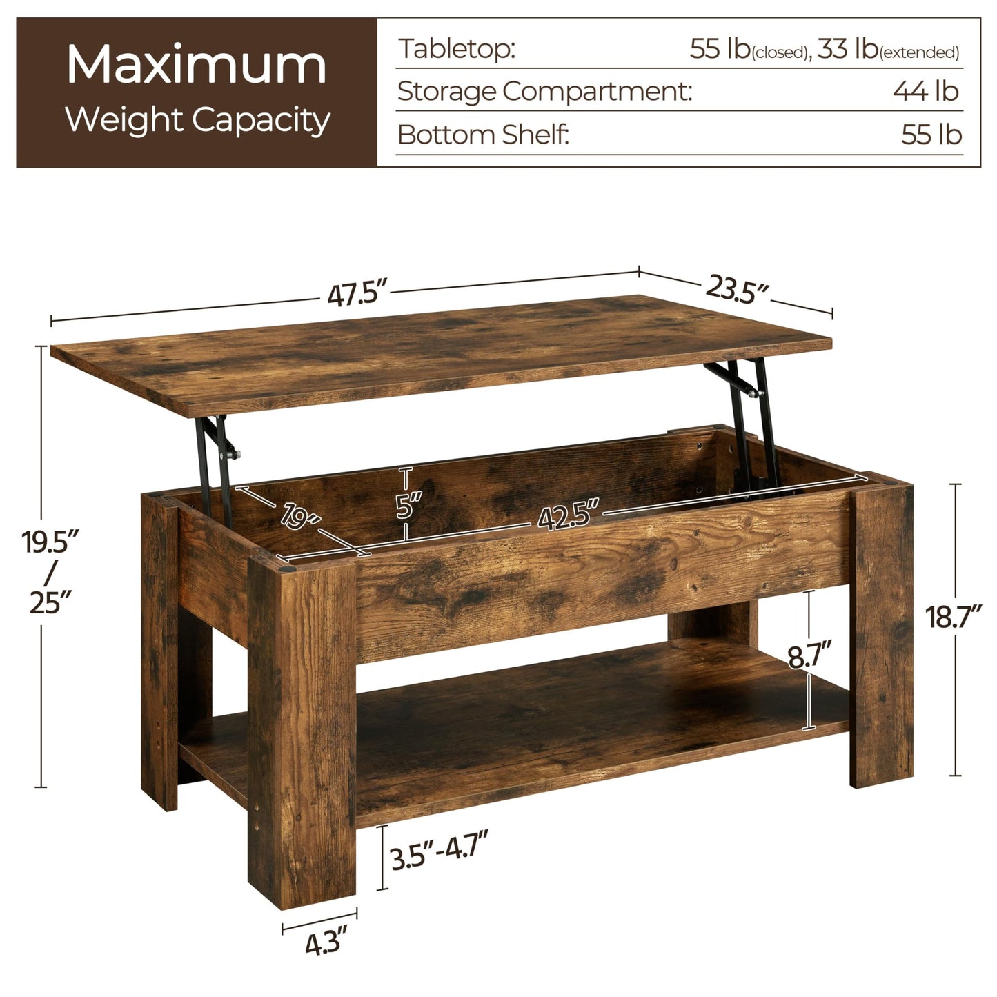 Yaheetech Coffee Table, 47.5in Lift top Coffee Table with Hidden Compartment and Storage Shelf, Lift Tabletop Dining Table for Living Room Reception Room, Rustic Brown