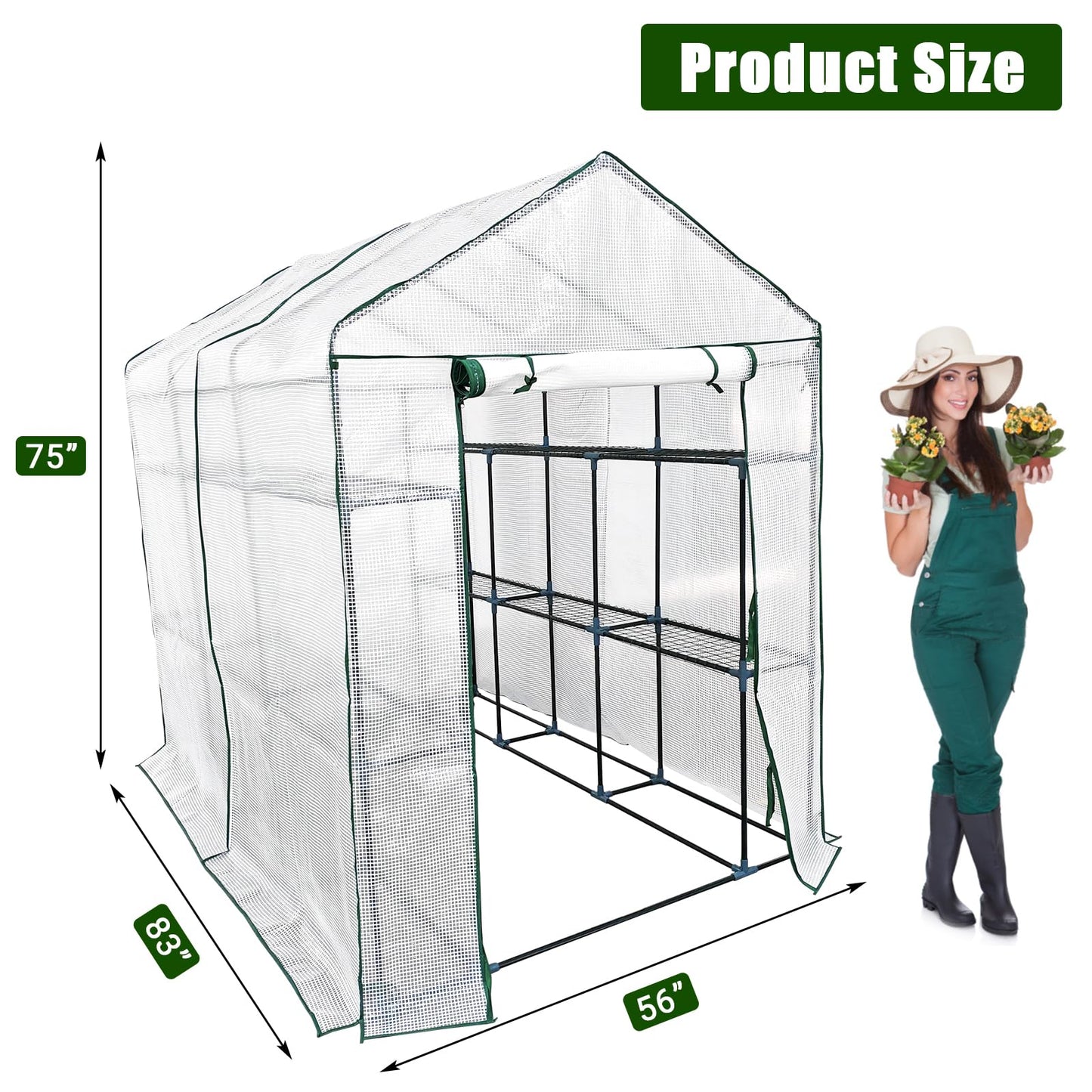 Garvee Walk-in Greenhouse for Outdoors,57 x 85 x 76'' Protected Plant Garden Hot House with Roll-Up Zippered Door,3-Tier 12 Shelves Green House for Patio Backyard