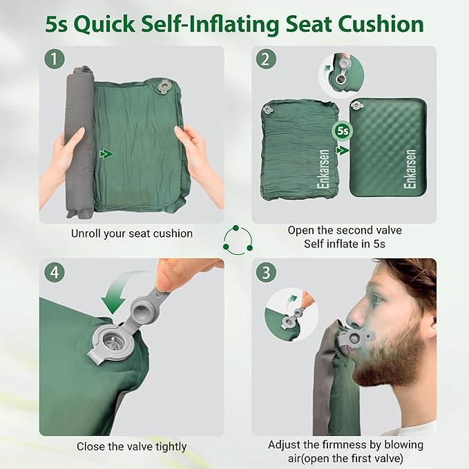 Inflatable Seat Cushion, Self-Inflating Memory Foam Airplane Seat Cushion Portable Camping Sitting Pad for Travel Stadium Car Bleachers Outdoors Office,Lightweight,Supports Back Comfort (Green)