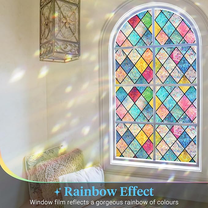 Haton Stained Glass Window Film, Rainbow Window Privacy Film, Decorative Sun Blocking Glass Clings Stickers, Static Cling Colorful Lattice Coverings Decals for Home Door 35.4" x 78.7"