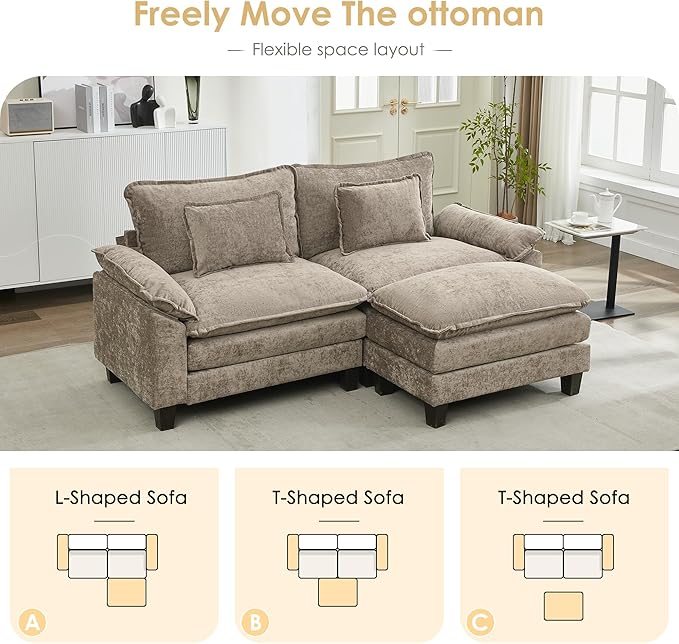 URRED Cloud Couch Modular Sectional Sofa, 87" Modern L Shaped Deep Seat Sofa with Ottoman & Pillows, Ultra Comfy Chenille Couches for Living Room, Bedroom or Apartment, Khaki