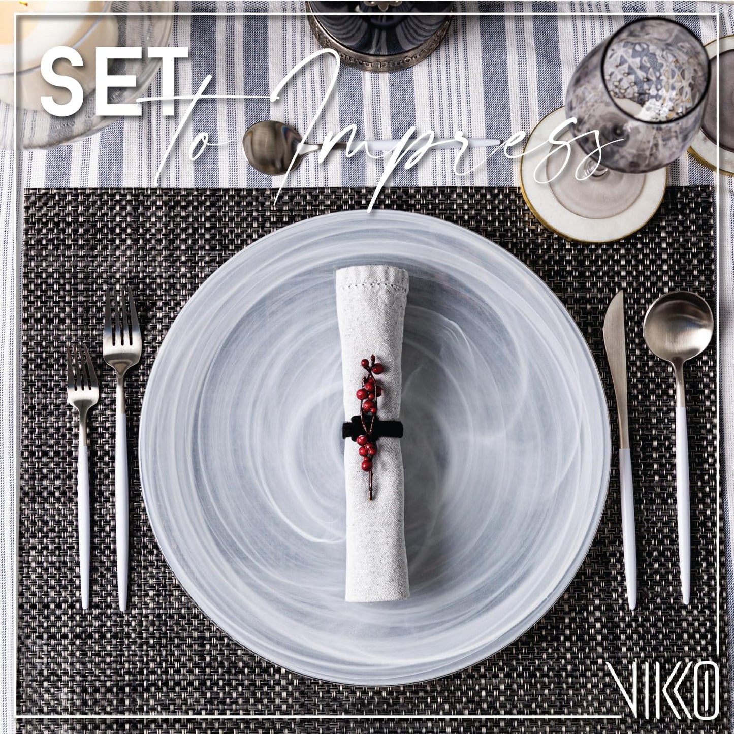 Vikko Charger Plates, Set of 4 White Alabaster Dinner Plates, 13" Plate with Marbelized, Swirl Design, Elegant Glass Charger, Dishwasher Safe