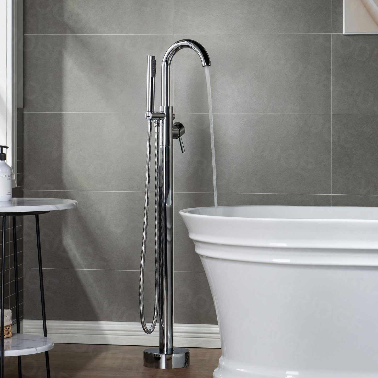 WOODBRIDGE Contemporary Single Handle Floor Mount Freestanding Tub Filler Faucet with Hand shower in Chrome Finish,F0002CHRD
