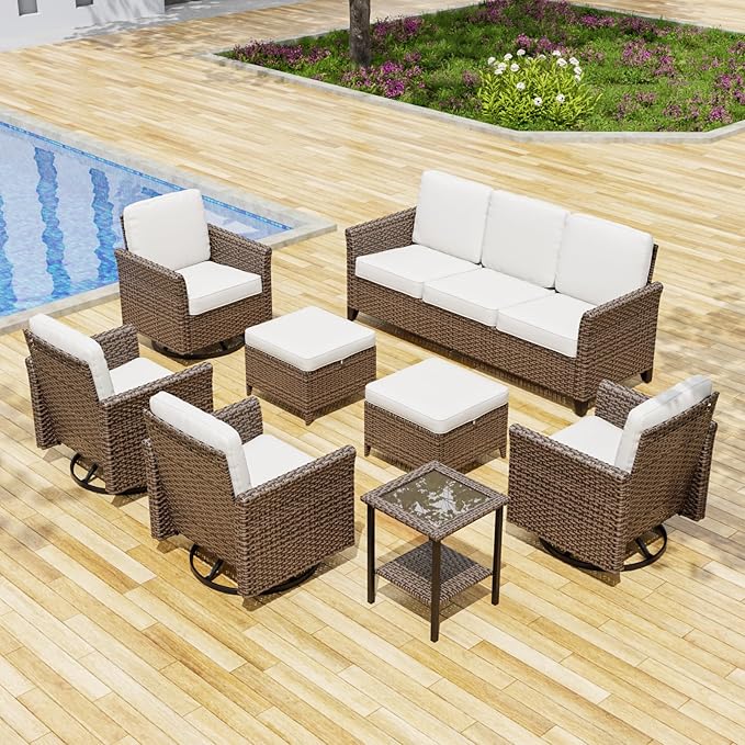 COOS BAY Harbor Retreat 8 Piece Outdoor Furniture Set, Patio Conversation Set with 4 Swivel Rocking Chairs, 3 Seat Couch, Side Table & Ottomans, Wicker Furniture, Brown/Beige