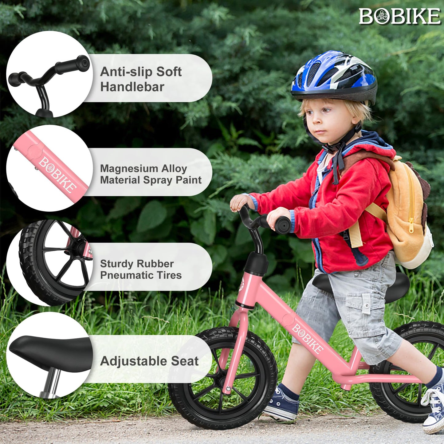 Bobike Toddler Balance Bike Toys for 2 to 5 Year Old Girls Boys Adjustable Seat and Handlebar No-Pedal Training Bike Best Gifts for Kids (Pink)