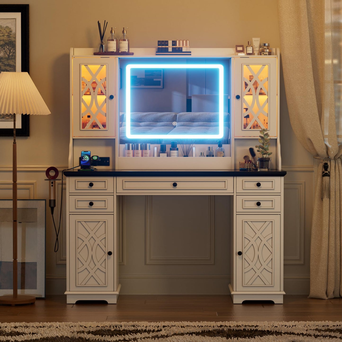 Vanity Desk with HD Lighted Mirror & Power Outlet, Farmhouse Makeup Vanity Table with 5 Storage Drawers & 2 Cabinets & Shelves, Large Glass Top Dressing Table with 3 Lighting Modes for Women,White