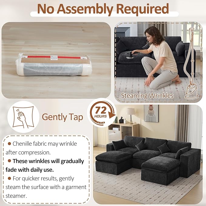115'' Cloud Boneless Sectional Couch, Modular Sectional Sofa Deep Seat with 2 Ottomans, Oversized Upholstered Convertible Comfy 5 Seater Chenille Sofa U Shape Couches for Living Room, Dark
