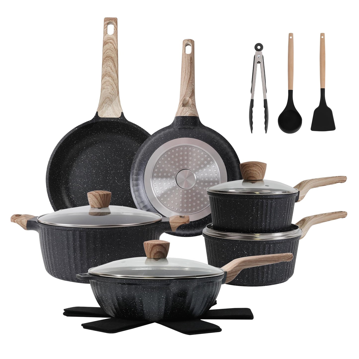 Cuisinluv Pots and Pans Set Non Stick, 17Pcs Kitchen Cookware Sets, Granite Stone Induction Cookware Non Stick Cooking Set w/Frying Pans, Saucepans, Sauté Pan (PFOA Free), Black