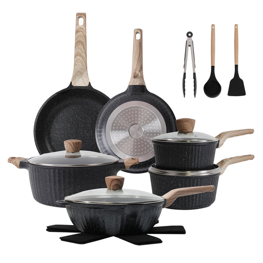 Cuisinluv Pots and Pans Set Non Stick, 17Pcs Kitchen Cookware Sets, Granite Stone Induction Cookware Non Stick Cooking Set w/Frying Pans, Saucepans, Sauté Pan (PFOA Free), Black