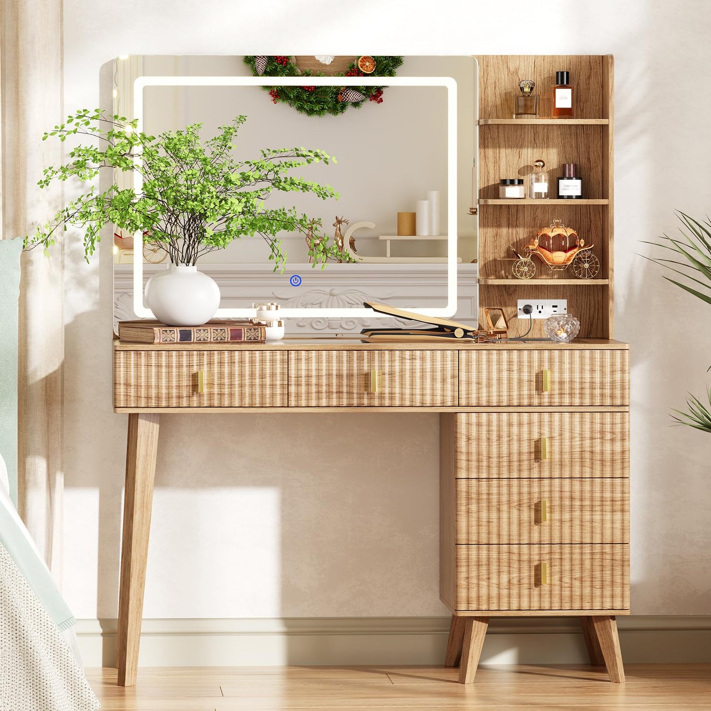 Large Makeup Vanity Desk with Mirror and Lights, Vanity Desk with 6 Drawers & Storage Shelves, Vanity Table with Power Outlet, 3 Color Modes & Adjustable Brightness Dressing Table, Bedroom,Wood