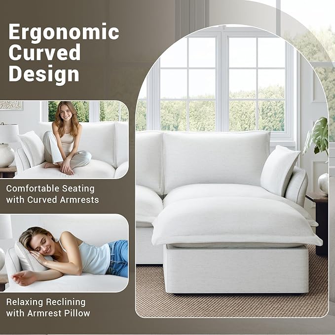 Lopzeho 114” Oversized Modular Sectional Sofa, Comfy Down Fill Cloud Couch, 3 Seater Modular Sofa Couch with One Single Seat, Convertible Sectional Couches for Living Room, Linen, Cream White