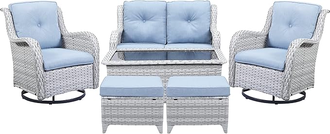 Belord Wicker Outdoor Furniture Patio Furniture Set - 6 Piece Patio Conversation Set with Swivel Rocker Chairs, Loveseat Sofa, Ottomans and Coffee Table, Baby Blue Cushion