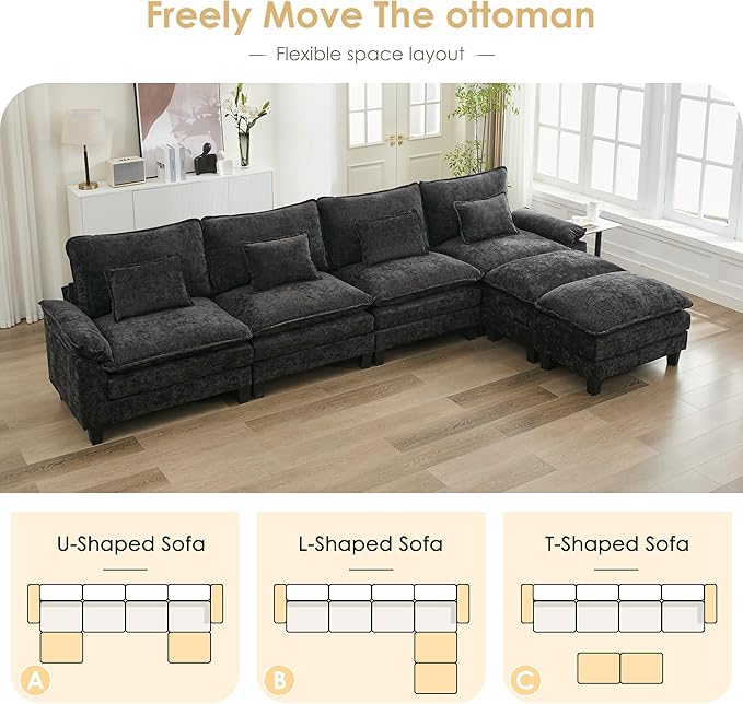 URRED Cloud Couch Modular Sectional Sofa, 157" Modern U Shaped Deep Seat Sofa with 2 Ottomans & Pillows, Ultra Comfy Chenille Couches for Living Room, Bedroom or Apartment, Black