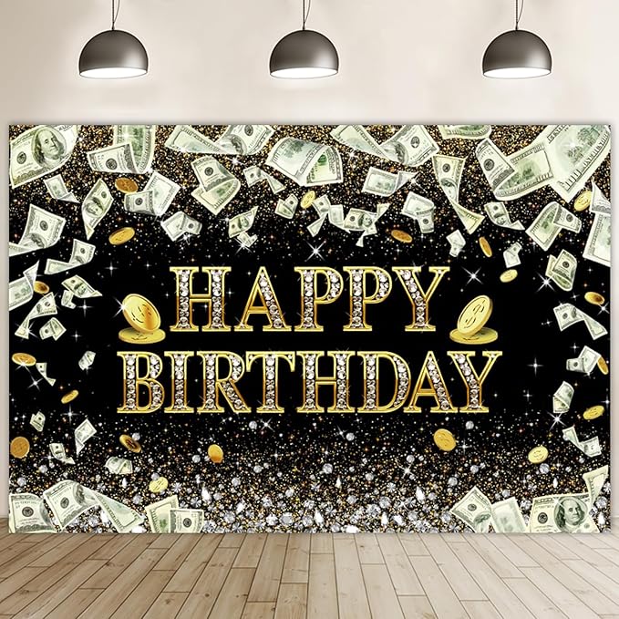 Renaiss 7x5ft Dollar Bill Birthday Backdrop Dollar Coins Diamonds Glittering Black Gold Money Birthday Photography Backgro...