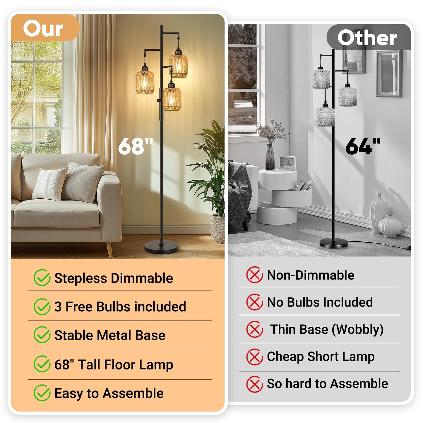 ROTTOGOON Dimmable Boho Floor Lamp - 3 Light Farmhouse Rattan Floor Lamp for Living Room, Industrial Tree Floor Lamps with 3 X 6W LED Bulbs, Rustic Standing Tall Lamp for Bedroom, Office, 68", Black
