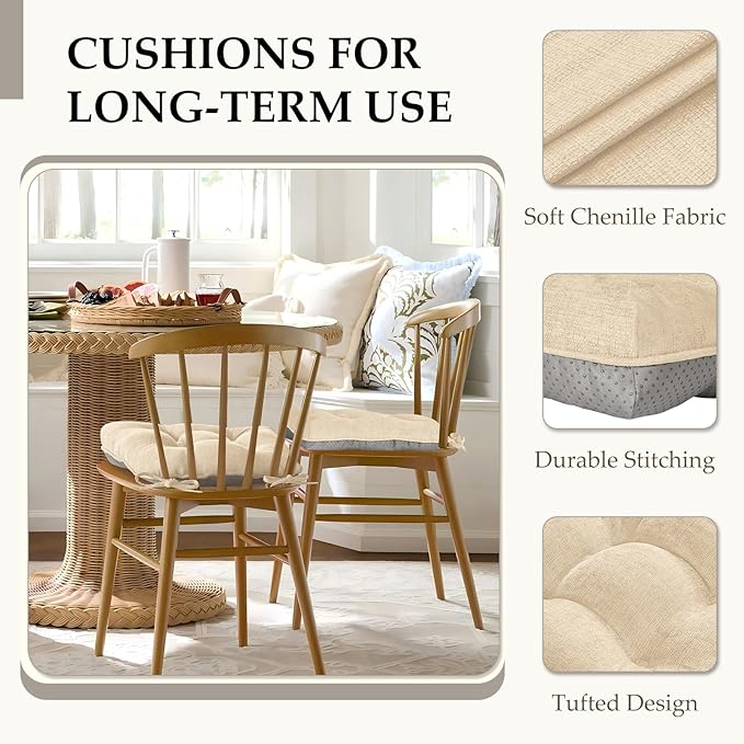 HARBOREST Chair Cushions for Dining Chairs Set of 2 - Chenille Tufted Kitchen Chair Cushions with Ties and Non-Slip Bottom, Foam Chair Pads for Dining Chairs, 17" x 17", Ivory