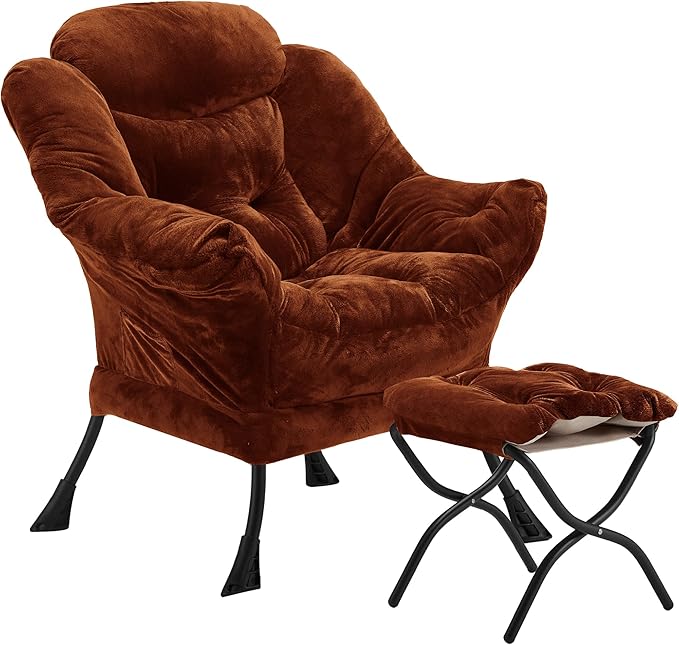 Youtanic Lazy Chair with Folding Ottoman, Accent Chair Plush Upholstered with Metal Structure and Non-Slip Pads, Sofa Armchair with Footrest and Side Storage Bag for Dorm, Room, Office, Brown