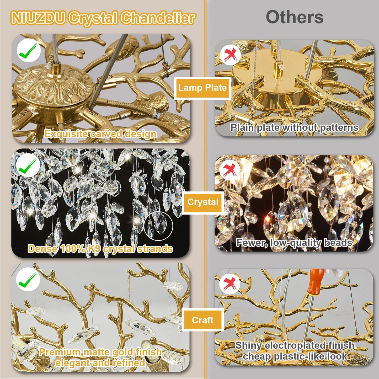 NIUZDU Gold Crystal Tree Branches Chandelier,23" Modern Round Crystal Chandeliers for Dining Room, K9 Crystal Lighting Fixture Chandelier for Bedroom, Living Room, Foyer,Kitchen Island,Bathroom