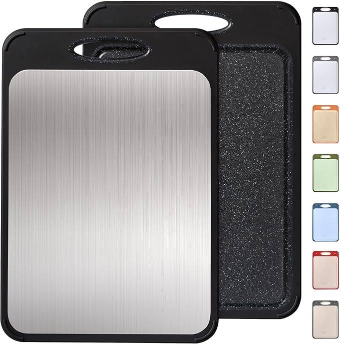 Stainless Steel Cutting Board, Best Non Toxic Cutting Boards for Kitchen, Double Sided Metal Chopping Board for Meat/Vegetables, Stainless Steel/Wheat Straw PP, Kitchen Gifts Easy to Clean 16”×11”