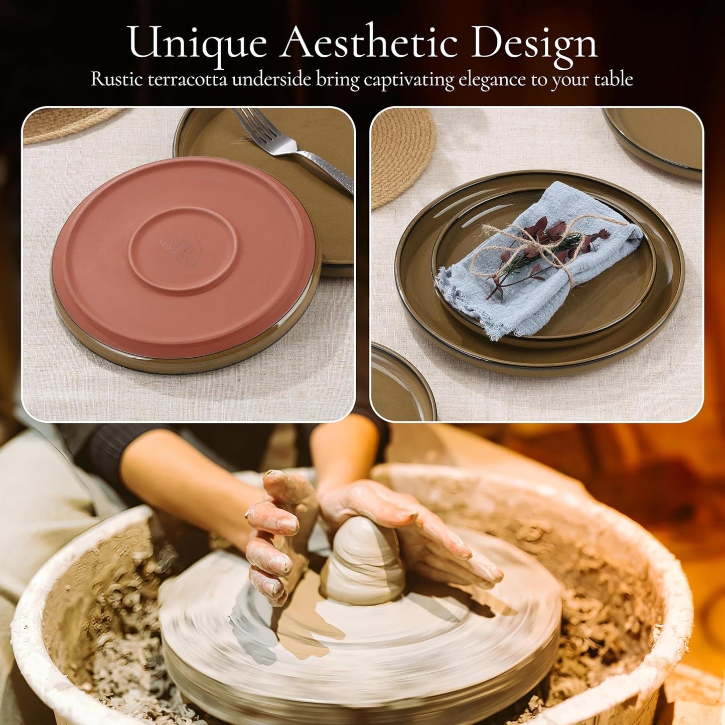 E-far Stoneware Dinnerware Sets for 4, 12 Pieces Reactive Glaze Plates and Bowls Sets, Elegant Dishes with Rustic Terracotta Base, Dishwasher & Microwave Safe, Scratch Resistant, Deep Camel