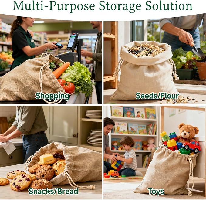 Simple&Opulence 3-Pack 19” x 23” Linen Cotton Drawstring Bags Reusable Grocery Sacks, DIY Craft Sachet Sacks Storage Cloth Bags for Party Wedding Home Bulk Produce Bags, Washable, Natual Linen