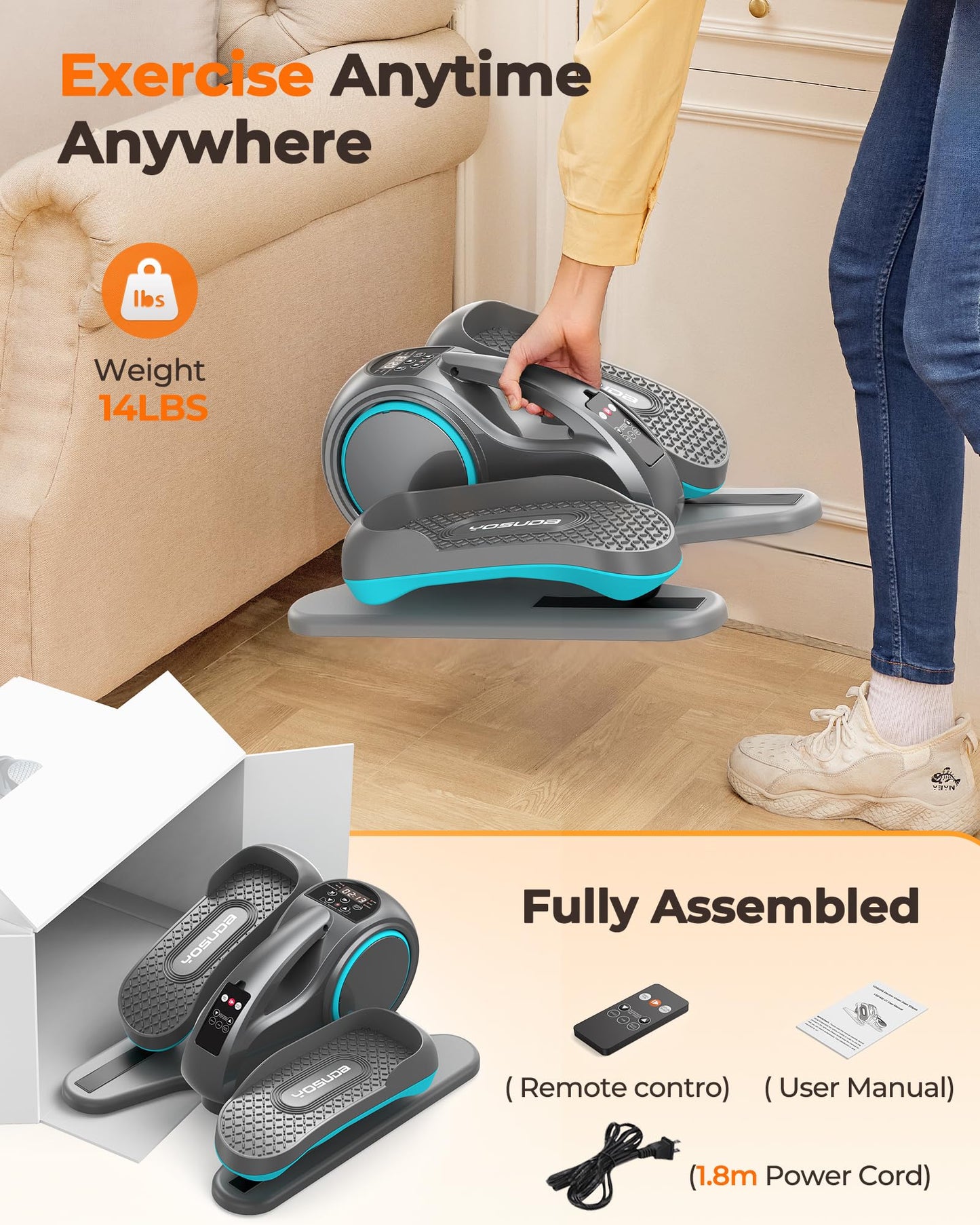 YOSUDA Under Desk Elliptical, Elliptical for Seniors Fully Assembled,Quiet & Portable Electric Seated Pedal Exerciser with 10 Level Resistances & Speeds,Remote Control,Bule Gray