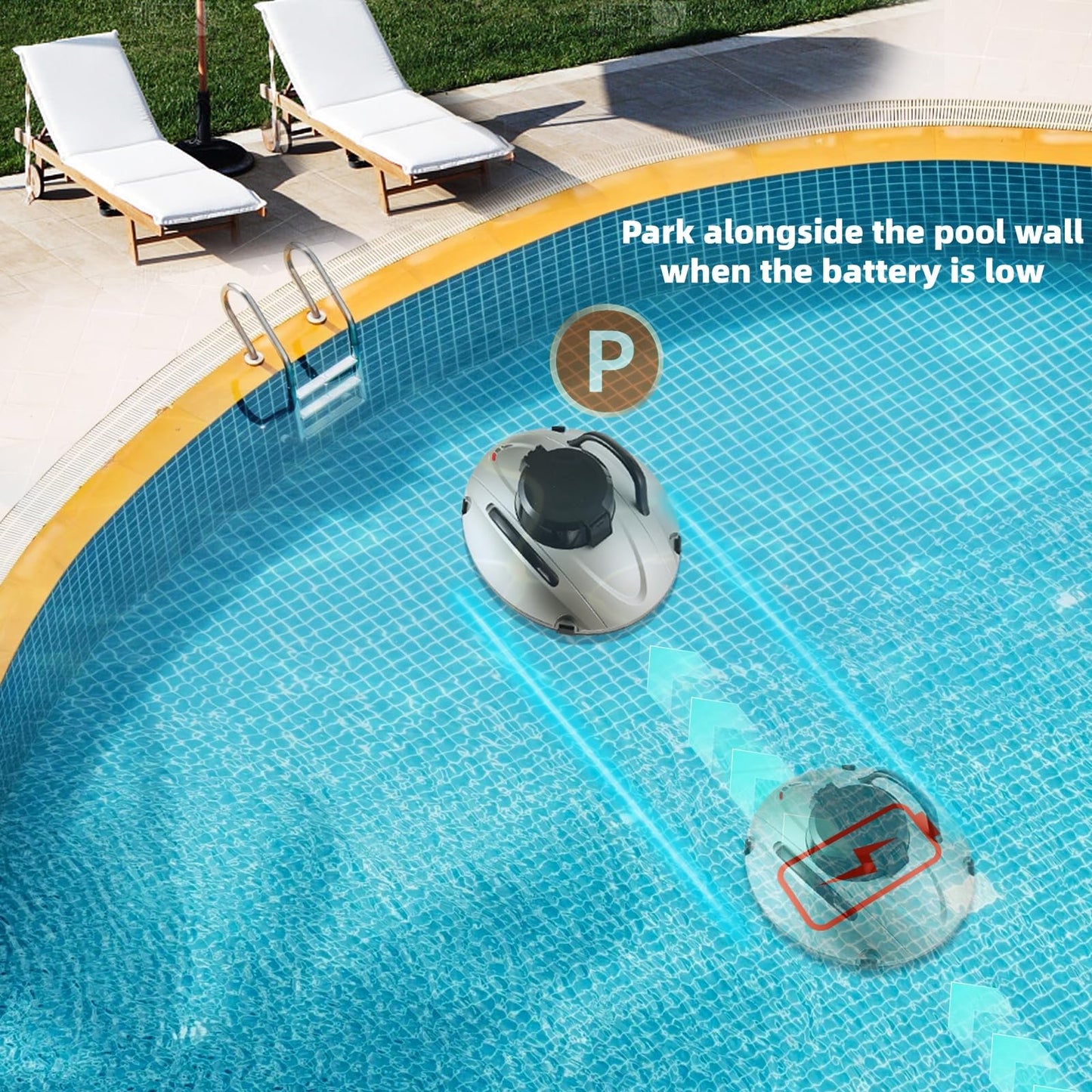 Cordless Robotic Pool Cleaner, Automatic Pool Vacuum for Above Ground Pools，Self-Parking