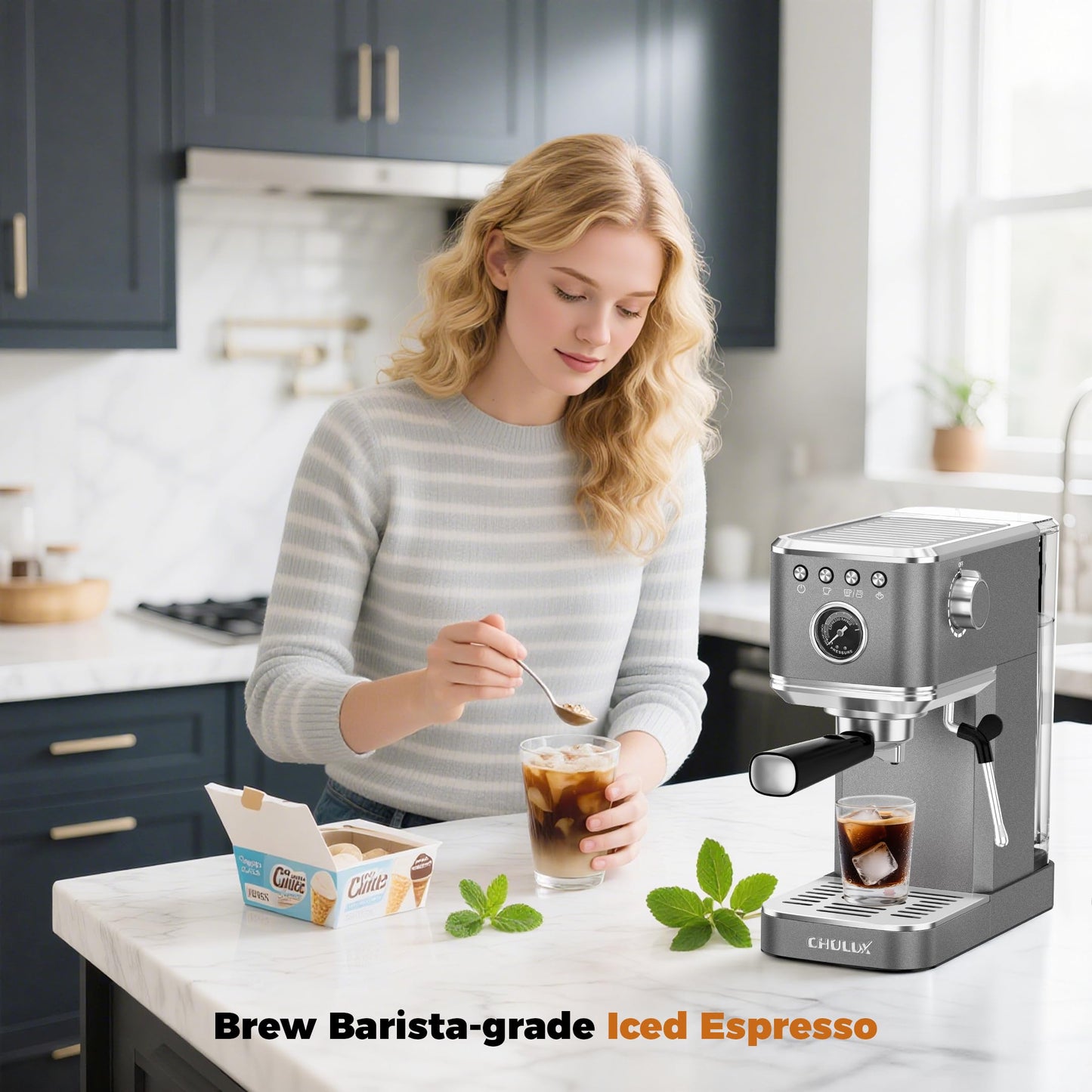 CHULUX Elite Espresso Machine with Milk Frother, Compact Hot and Ice Expresso Coffee Maker for Cappuccino, Latte and Americano, 20 Bar Italian High Pressure Pump, Metallic Gray