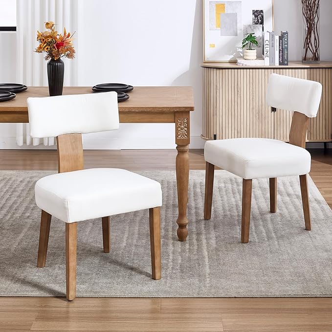 KHISCHMO Mid Century Modern Dining Chairs, Upholstered Linen Fabric Chairs with Curved Backrest and Wood Legs, Comfy Kitchen Vanity Chair for Dining Room/Living Room/Kitchen, Set of 2 Cream