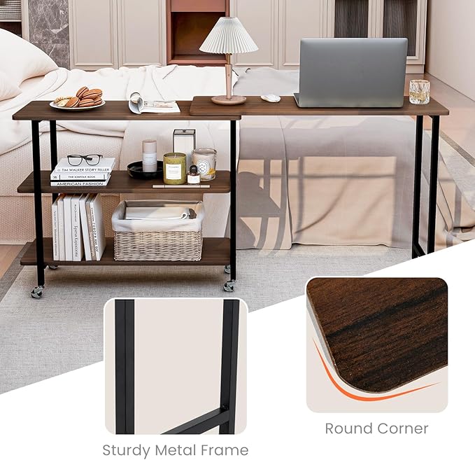 Giantex 360° Free Rotating Sofa Side Table, Mobile L-Shaped Laptop Desk with Sturdy Metal Frame, 6 Universal Casters, Movable Couch Snack Table with 2-Tier Storage Shelf for Home (Walnut)