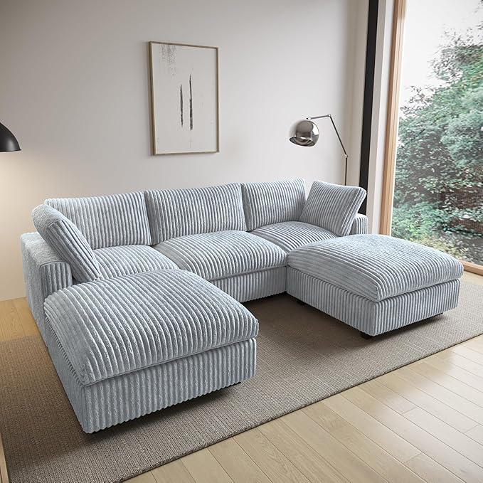 Modular Sectional Sofa/ 118inch Cloud Couches with Ottoman for Living Room/Soft Faux Rabbit Fur U Shaped Couch with Chaise,5 Seater Wide Convertible Sofa,Covers Washable&Replaceable,Grey