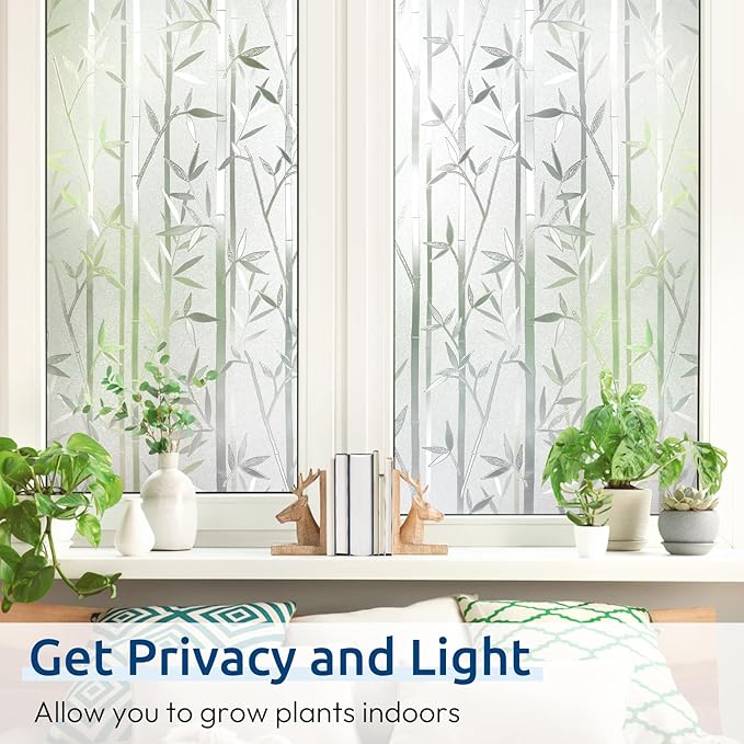 rabbitgoo Window Privacy Film Frosted Bamboo Pattern, Removable UV Blocking Stained Glass Decals Covering Decorative Window Cling for Home, 17.5 in X 13.1 Feet, Regular