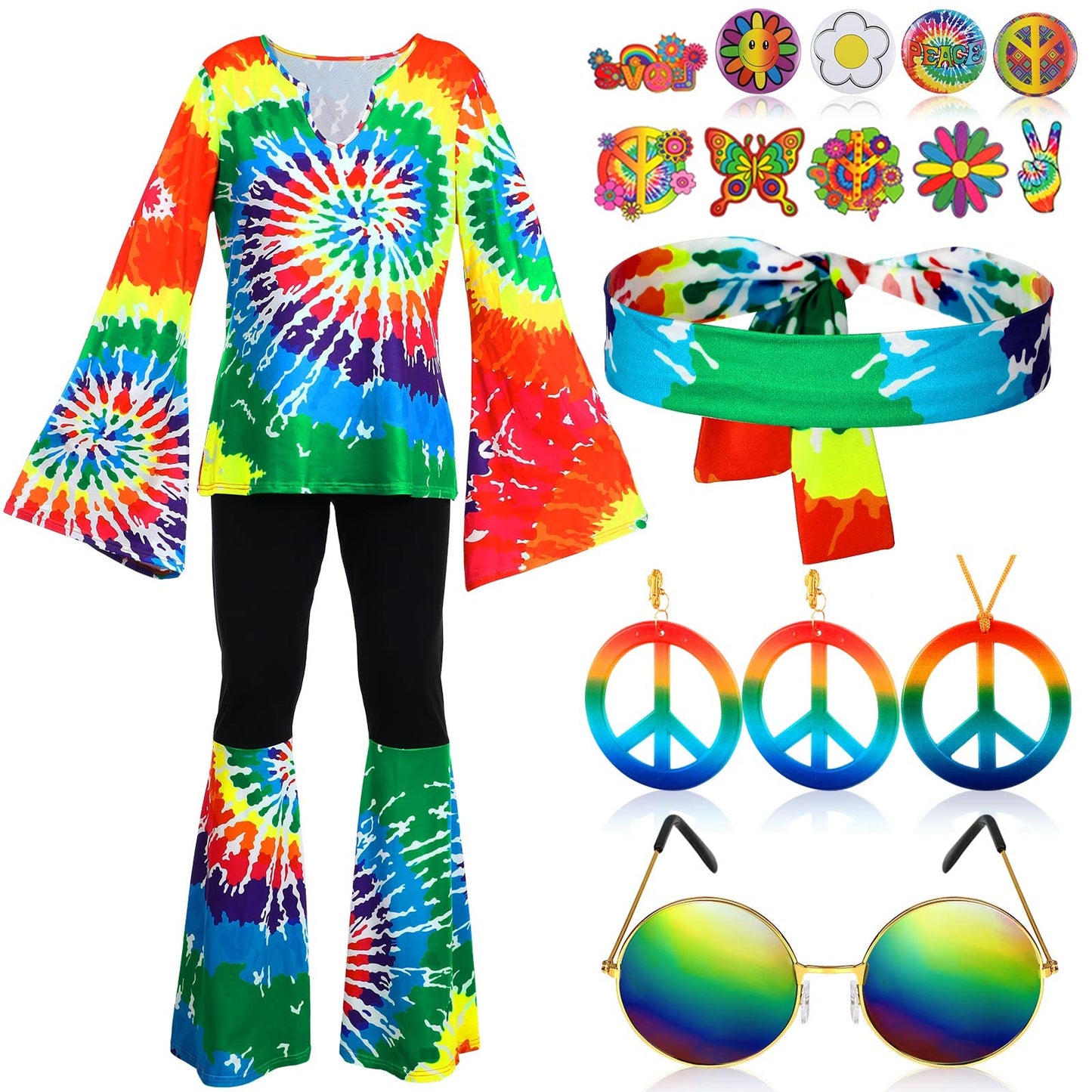 Jiuguva 17pcs 60s 70s Outfits for Women Hippie Costume Set Disco Outfit (Rainbow,X-Large)