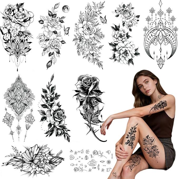 Waterproof Temporary Tattoos, Realistic Designs - 10 Pcs Set, Various Solid Color Floral Patterns