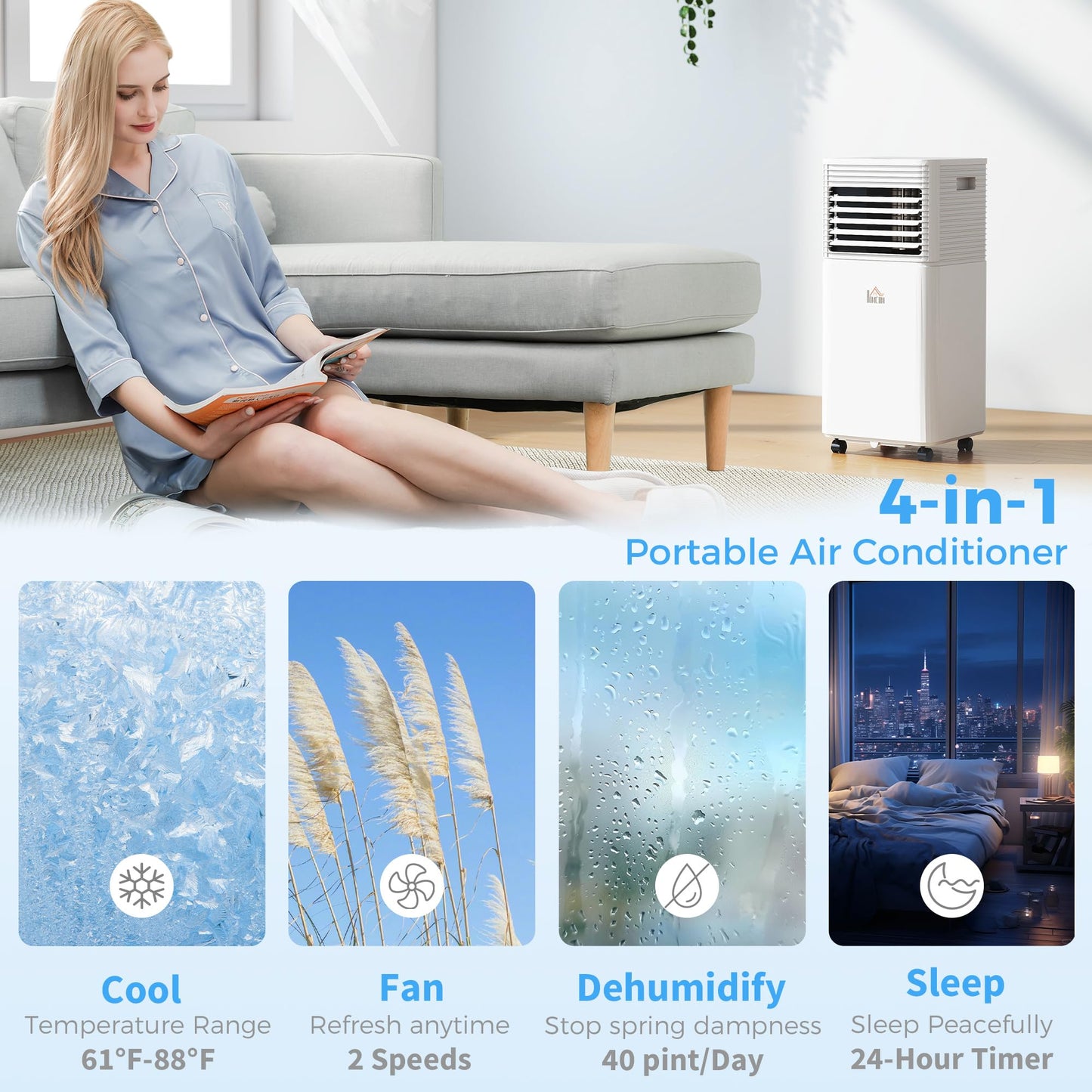 HOMCOM 10000 BTU Mobile Portable Air Conditioner for Rooms Up to 441 Sq.Ft., 4-in-1 AC Unit with Cooling, Dehumidifier, Fan, Sleep Mode, Remote, 24H Timer, LED Display, Window Installation Kit, White