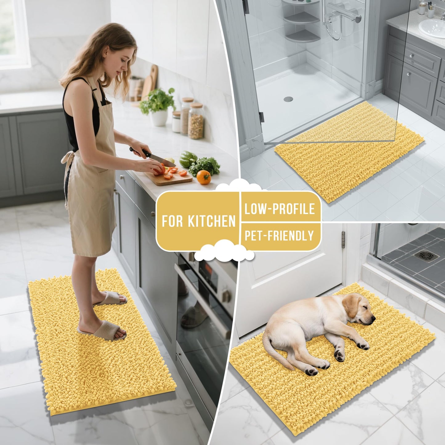 Yimobra Bathroom Rugs Non Slip Washable 24x17 Inch - Ultra Soft Absorbent Chenille Bath Mat, Quick Dry Shaggy Floor Carpet for Tub Shower, Yellow Home Decor Accessories