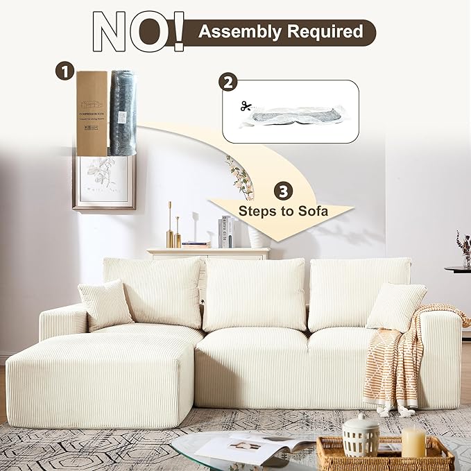 108" Modular Sectional Sofa, Compression Sofa with Deep Seat, Modular L-Shape Couch with Chaise, Upholstered Couches for Living Room Bedroom, No Assembly Required (White Corduroy, 108" L Shape)