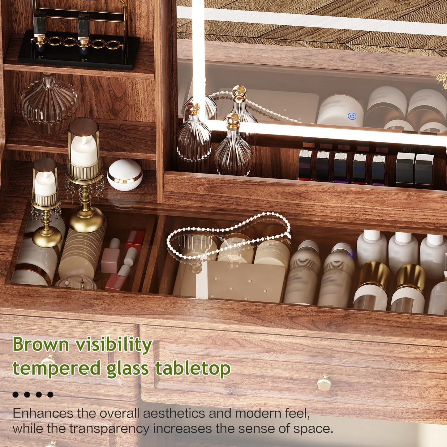 Arulvmrn 43" Makeup Vanity Desk with Mirror and Lights, & Power Outl, Glass Top Big Vanity Table with 9 Drawers& 8 Storage Shelves, Dressing Table Set with Chair for Bedroom, Brown
