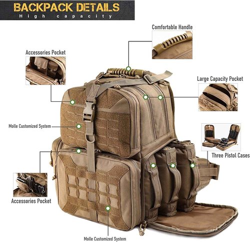 VOTAGOO Tactical Range Backpack, Gun Bag for Handguns and Ammo, 3 Pistol Carrying Cases for Hunting Shooting