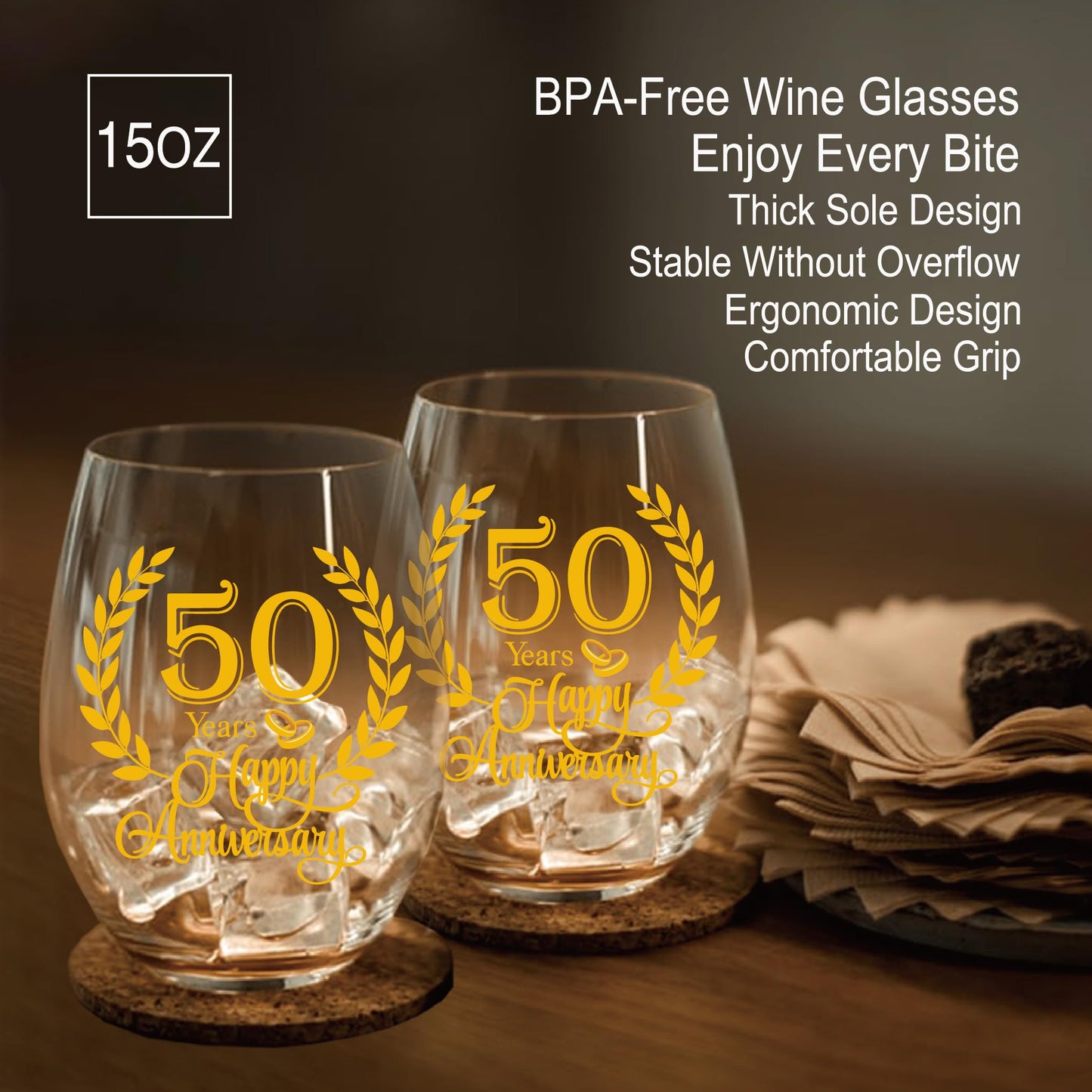 Perfectinsoy 50 Years Happy Anniversary Wine Glasses Set of 2 with Metallic Memorial Card, 50th Anniversary Birthday Gifts for Parents, Wife, Soulmate, Couple, Funny 50 Years Milestone Gift