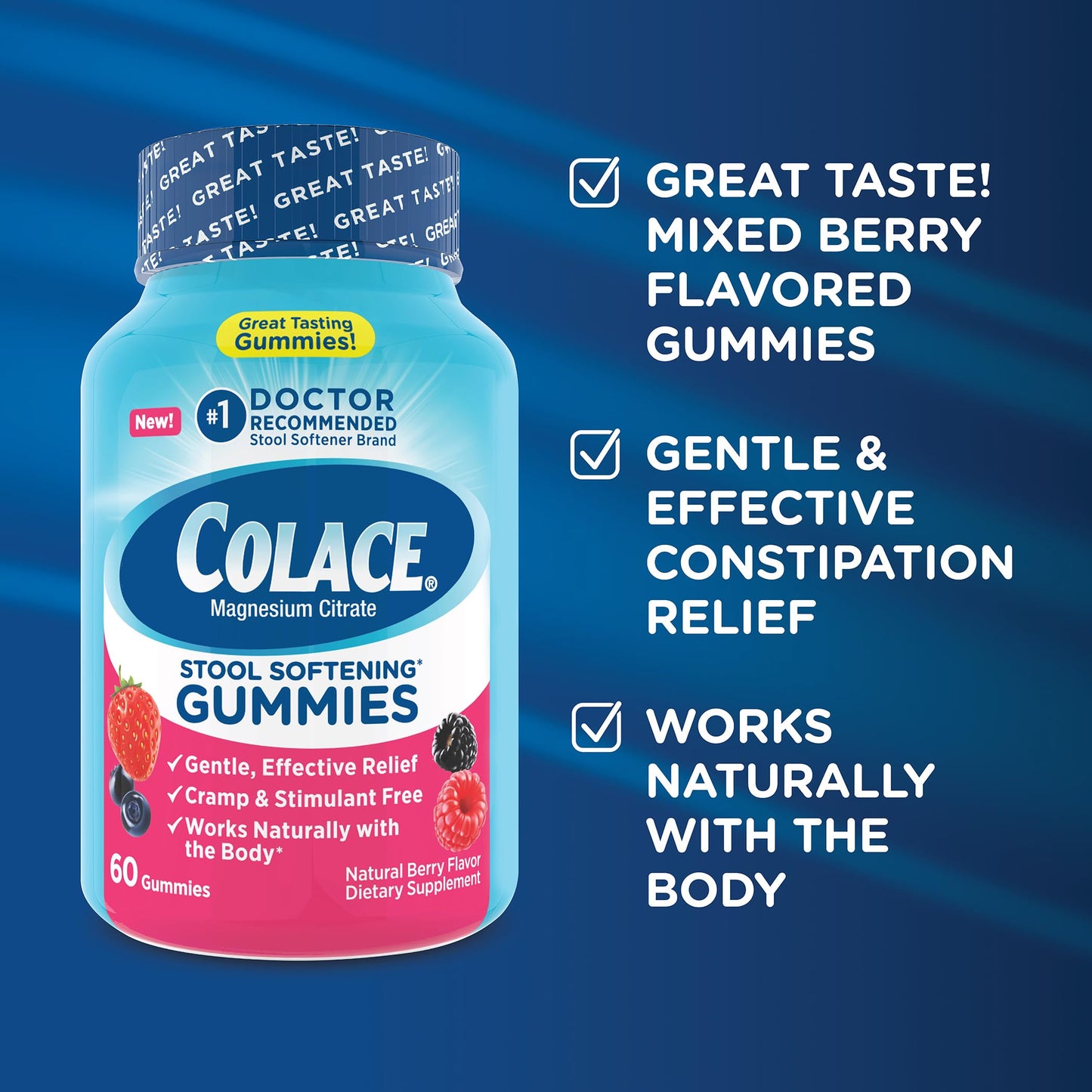 Colace Stool Softener Gummies, Gentle Dependable Constipation Relief Magnesium Citrate Gummies, No.1 Doctor Recommended Stool Softener Brand, Berry Flavored 60ct