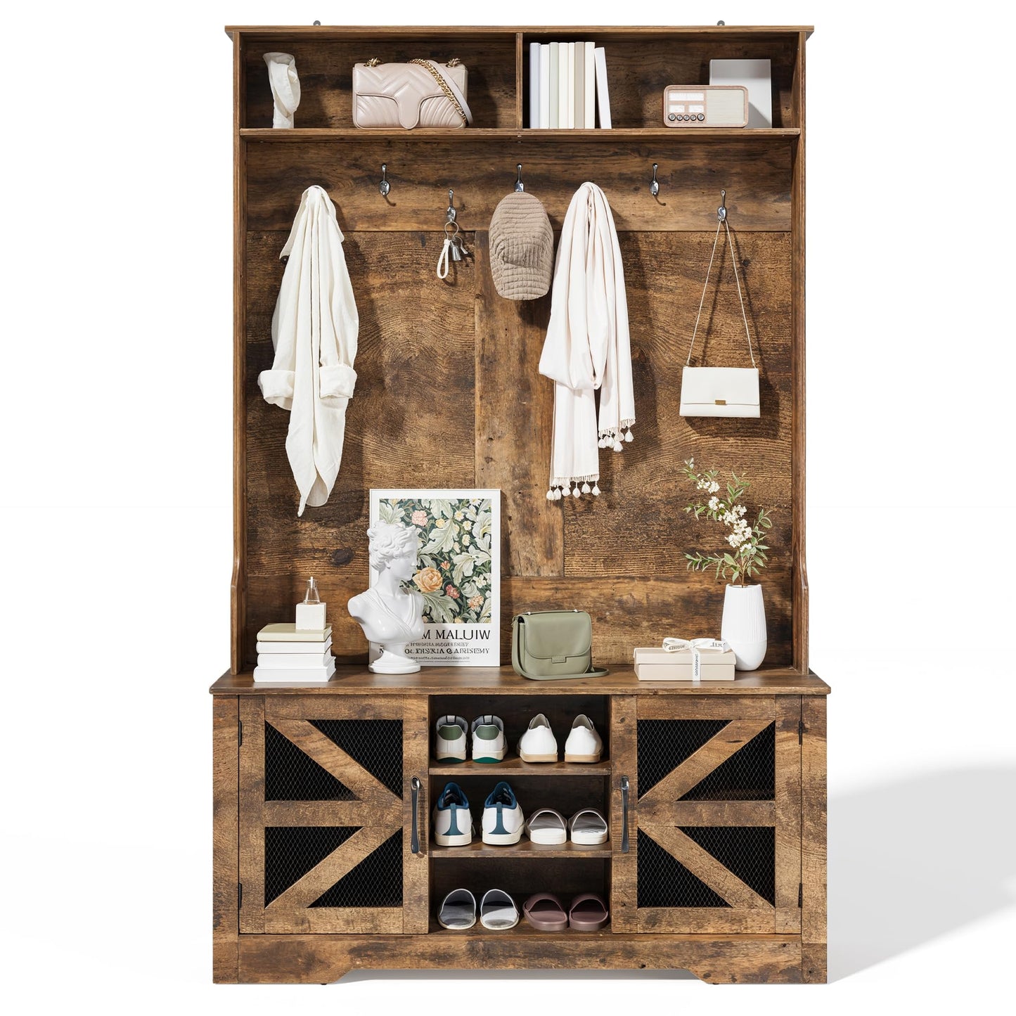 Gizoon Hall Tree with Storage Bench, 5-in-1 Entryway Bench with Coat Rack, Shoe Cubbies, Coat Hooks and Barn Door, Shelf for Foyer, Mudroom,Retro