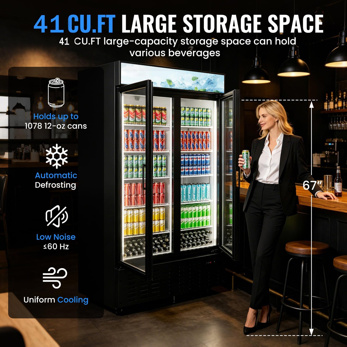 Frostvale 41 Cu.Ft Commercial Display Refrigerator, Black 2 Glass Door Beverage Cooler with Lighted Header, ETL Upright Merchandiser Fridge for Drinks, Soda, Beer, Restaurant, Store