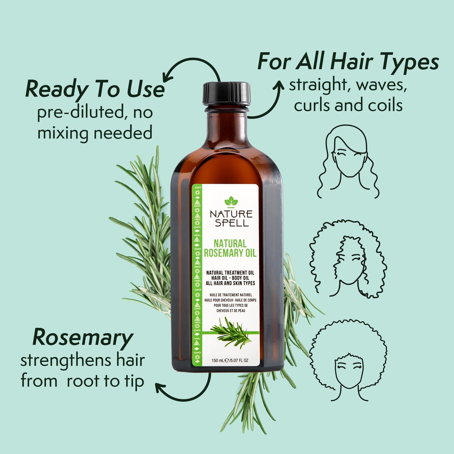 Nature Spell Hair Growth Trio, Pre-Diluted Rosemary Oil for Hair & Scalp, Shampoo & Conditioner Set, Sulphate-Free, Colour-Safe,