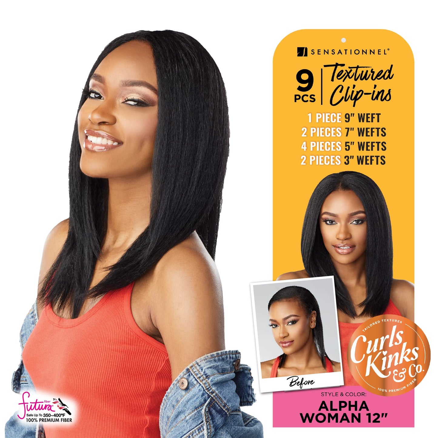Sensationnel Curls Kinksandco Clip In - Alpha Woman 12 Inch 9 Piece Pack Easy to Use Clips for Natural 3C to 4C Hair (T2/30)