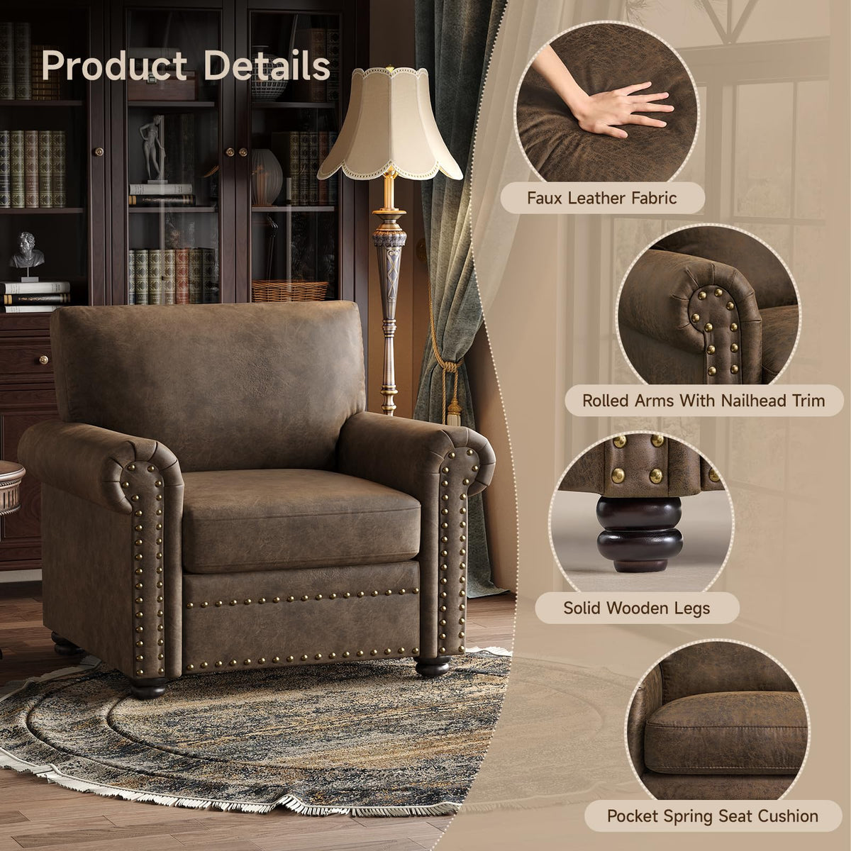 ONBRILL Faux Leather Accent Chair, Nailhead Trim Armchair for Living Room, Rolled Arms Single Sofa Chair, Springs Cushions, Solid Wood Legs, Comfy Upholstered Club Chair for Bedroom, Apartment, Brown