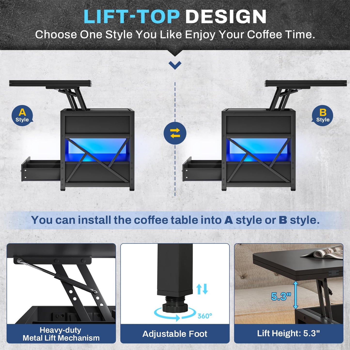 Itaar 40" Lift Top Coffee Table, 4 in 1 Coffee Tables with Storage for Living Room, Small Farmhouse Coffee Table with 2 Drawers & LED Light for Dining Reception Room, Black