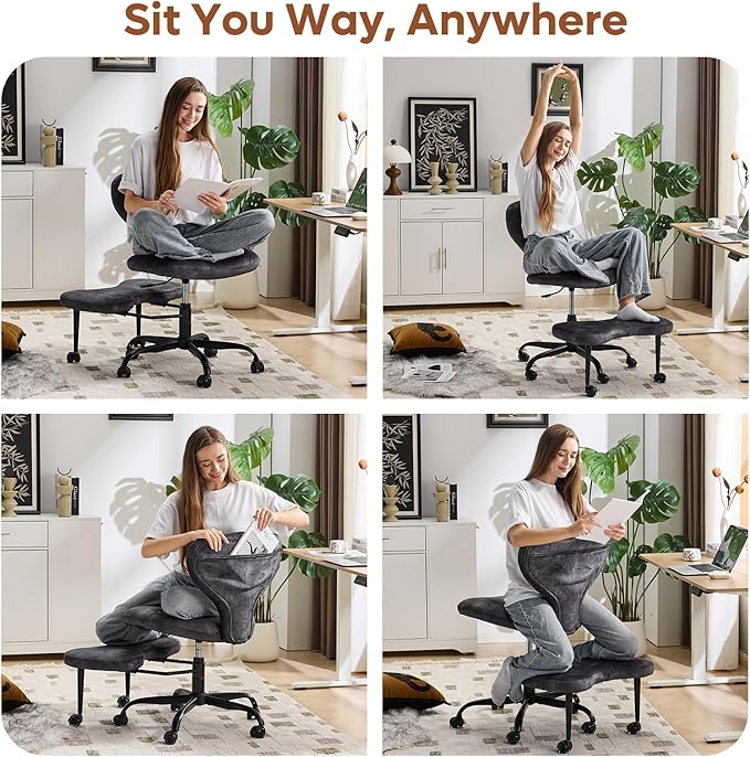 YFO Ergonomic Cross Legged Office Chair and ADHD Meditation Chair with Silent Wheels for Home Office Desk Chair and Yoga, Wider Backrest Support and Storage Pockets Design, Velvet Fabric, Grey