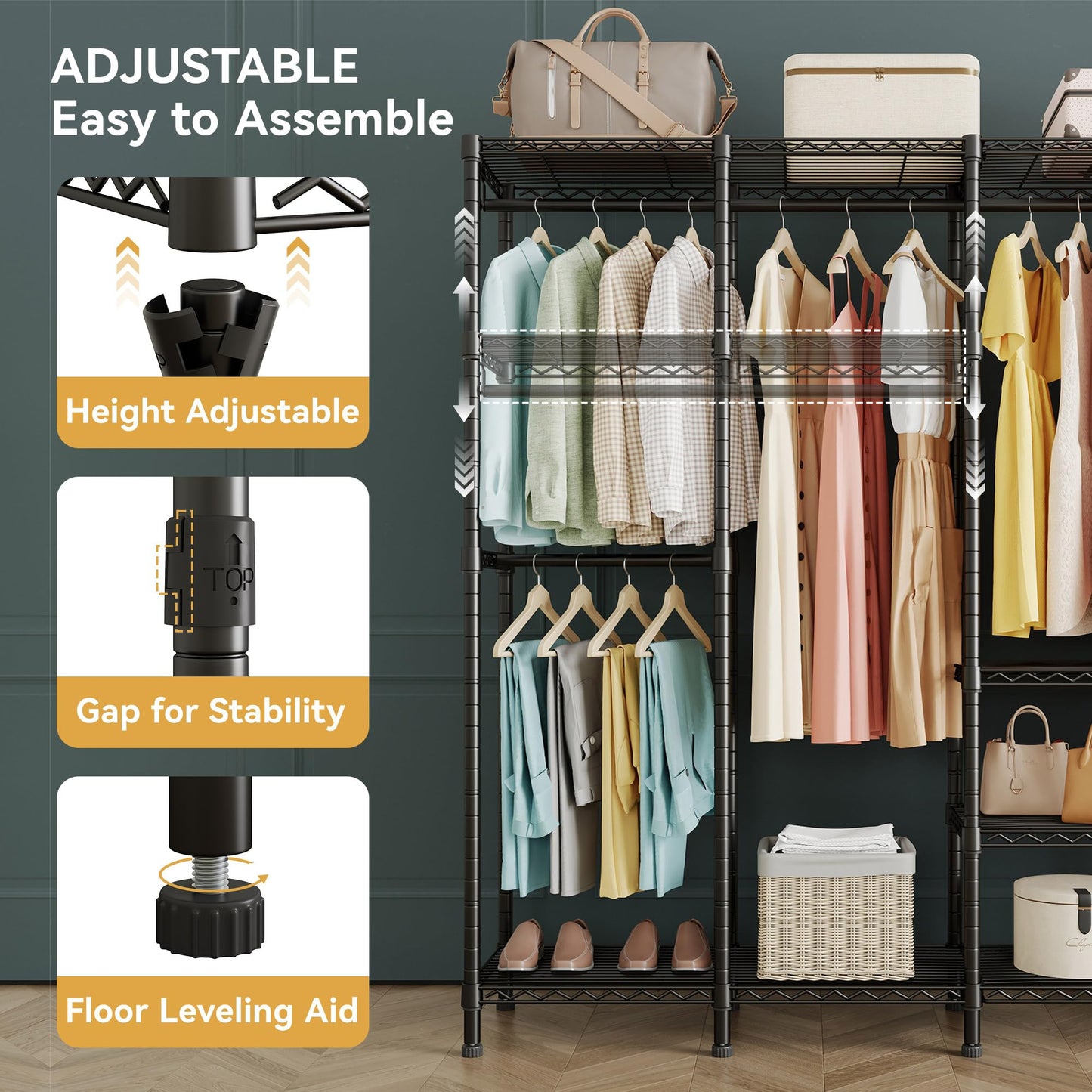Higeego H5 Extra Large Wire Garment Rack, Heavy Duty Clothes Rack, Large Wardrobe Closet, Freestanding Closet Rack for Hanging Clothes, Clothing Racks with Adjustable Shelf, 93.3"Lx15.7"Wx75.4"H,Black