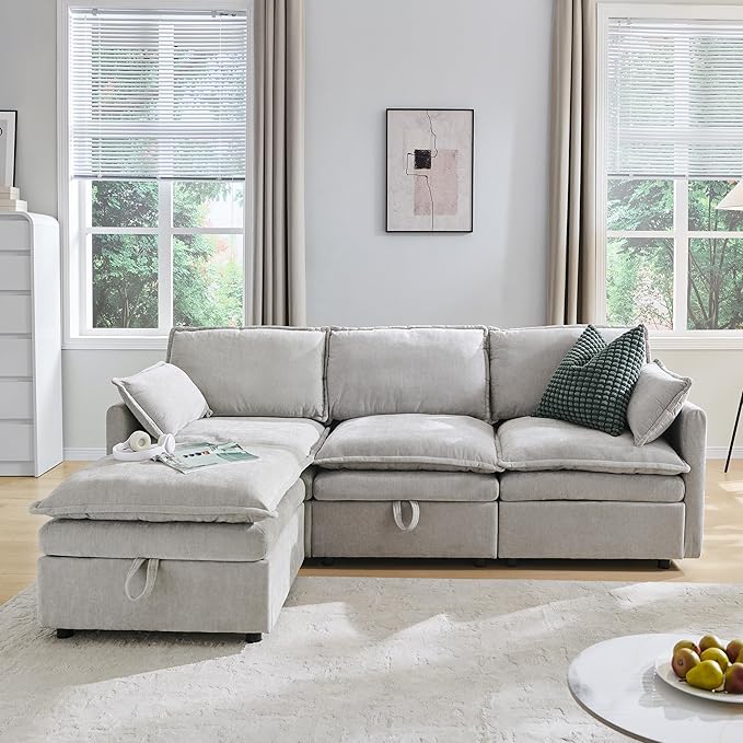85.83" Sectional Couches for Living Room, Cloud Couch Sectional with Large Storage Ottoman, L-Shape Modular Sectional Sofa with 5 Seater Chenille Sofa and Pillow for Apartment, Bedroom, Light Gery